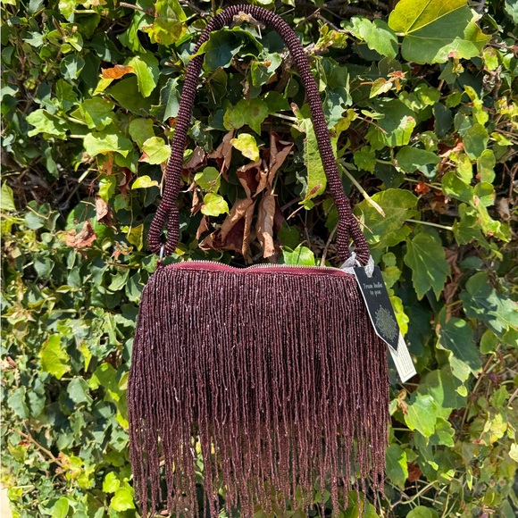 NWT Viral Beaded Fringe Maroon Wine Red Shoulder Bag Made in India Handcrafted - Picture 1 of 4
